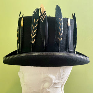 Black Wool Felt Top Hat Immortal Kraft Hand Made Black Gold Feather Trim Unisex Sz S - OOAK - Phoenix Menswear