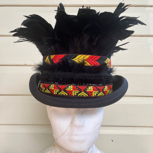 Black Wool Felt Top Hat Immortal Kraft Hand Made Black Orange Yellow Feather Trim Unisex Sz L - OOAK - Phoenix Menswear