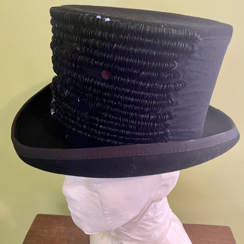 Black Wool Felt Top Hat Immortal Kraft Hand Made Vintage Sequin Trim Unisex Sz S - OOAK - Phoenix Menswear
