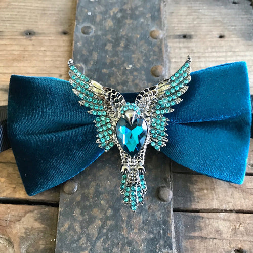 Blue Velvet Bow Tie with Silver and Blue Jewelled Bird - Phoenix Menswear