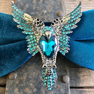 Blue Velvet Bow Tie with Silver and Blue Jewelled Bird - Phoenix Menswear