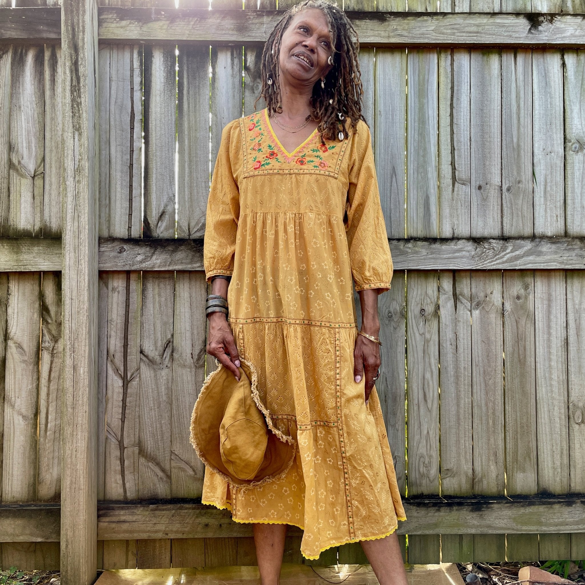 Boho Mustard Floral Embroidered Cotton 3/4 Sleeve Mid Calf Length Dres Phoenix Menswear Boho Mustard Floral Embroidered Cotton 3/4 Sleeve Mid Calf Length Dres Phoenix Menswear
