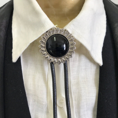 Bolo Tie - Black and Silver Flower Design - Phoenix Menswear