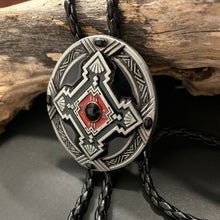 Load image into Gallery viewer, Bolo Tie - Oval Aztec Design in Silver, Black and Red - Phoenix Menswear