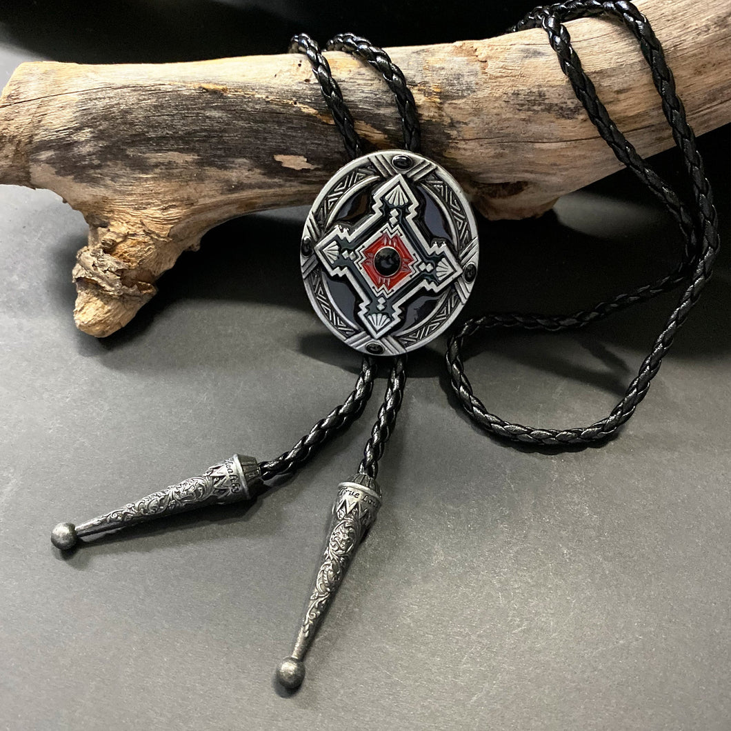 Bolo Tie - Oval Aztec Design in Silver, Black and Red - Phoenix Menswear