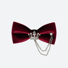 Load image into Gallery viewer, Bow Tie Burgundy Velvet with Crown Jewellery and Chain - Steampunk - Phoenix Menswear