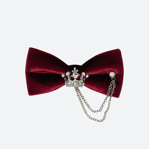 Bow Tie Burgundy Velvet with Crown Jewellery and Chain - Steampunk - Phoenix Menswear