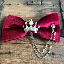 Load image into Gallery viewer, Bow Tie Burgundy Velvet with Crown Jewellery and Chain - Steampunk - Phoenix Menswear