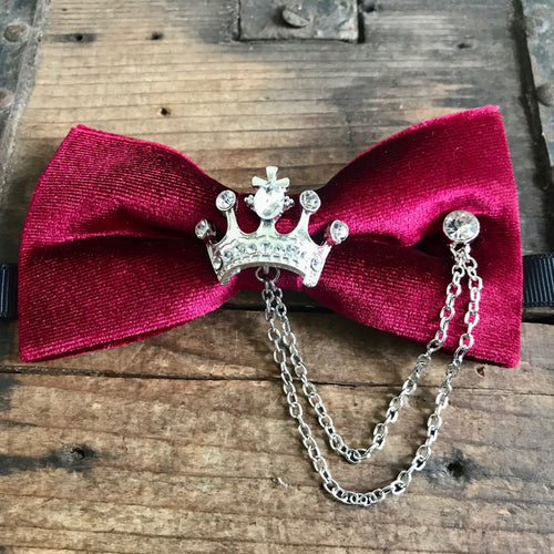 Bow Tie Burgundy Velvet with Crown Jewellery and Chain - Steampunk - Phoenix Menswear