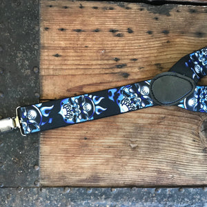 Braces Suspenders - Black with Blue Flaming Skulls - OOAK - Phoenix Menswear