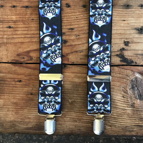 Braces Suspenders - Black with Blue Flaming Skulls - OOAK - Phoenix Menswear