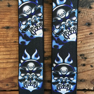 Braces Suspenders - Black with Blue Flaming Skulls - OOAK - Phoenix Menswear