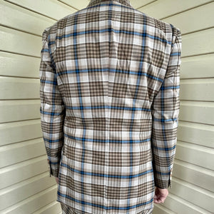 Brown Blue White Check Plaid Double Breasted 2 Piece Suit Blazer Pants Sz L / 36 - New - Phoenix Menswear