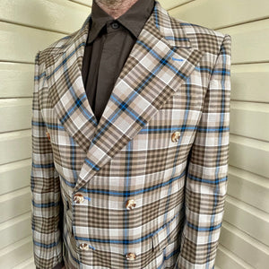 Brown Blue White Check Plaid Double Breasted 2 Piece Suit Blazer Pants Sz L / 36 - New - Phoenix Menswear