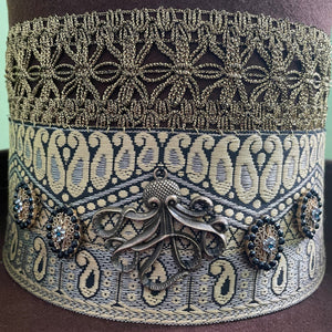 Brown Gold Wool Felt Top Hat Immortal Kraft - Octopus Embroidered Trim Sz XL - OOAK - Phoenix Menswear