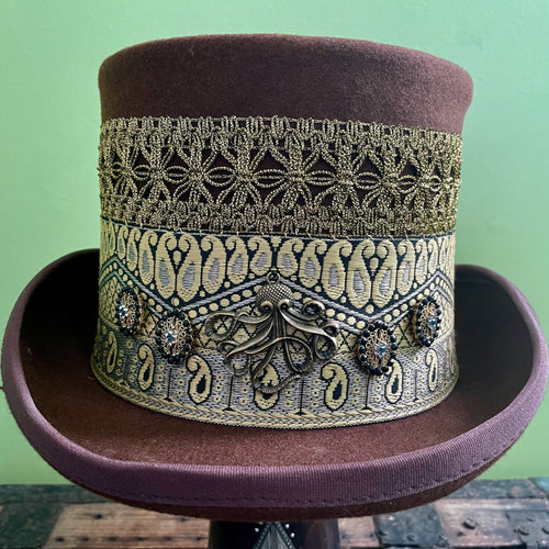 Brown Gold Wool Felt Top Hat Immortal Kraft - Octopus Embroidered Trim Sz XL - OOAK - Phoenix Menswear