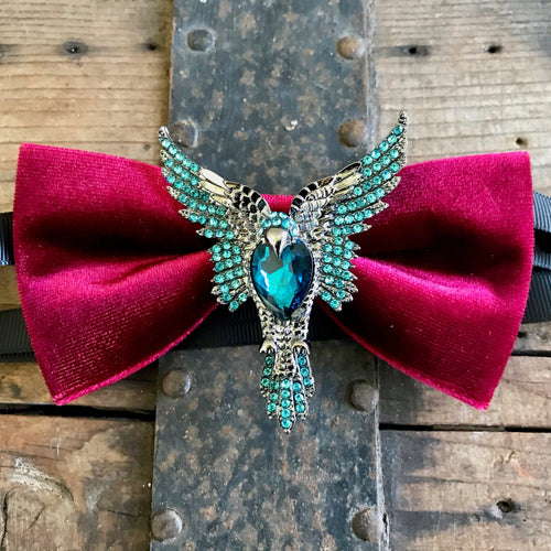 Burgundy Velvet Bow Tie with Silver and Blue Jewelled Bird - Phoenix Menswear
