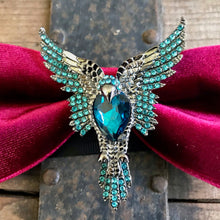 Load image into Gallery viewer, Burgundy Velvet Bow Tie with Silver and Blue Jewelled Bird - Phoenix Menswear