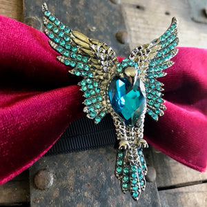 Burgundy Velvet Bow Tie with Silver and Blue Jewelled Bird - Phoenix Menswear