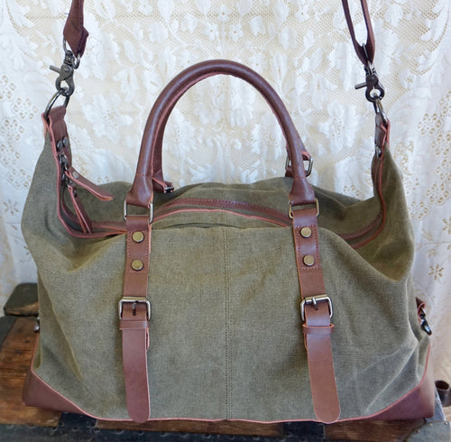 Canvas Weekend Bag Khaki Leather Trimming - Phoenix Menswear