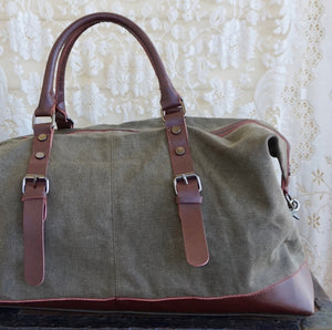 Canvas Weekend Bag Khaki Leather Trimming - Phoenix Menswear