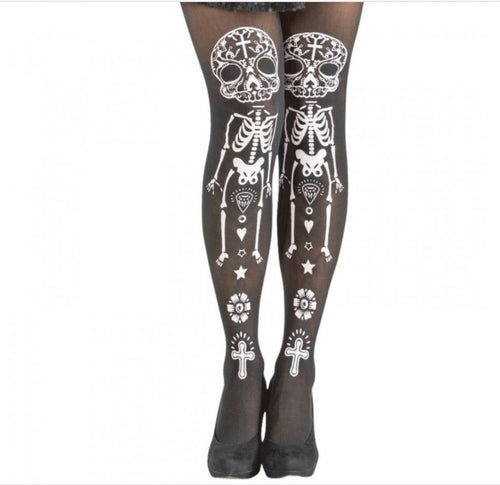 Day of the Dead Skeleton Tights Black & White Halloween Sz M - OOAK - Phoenix Menswear
