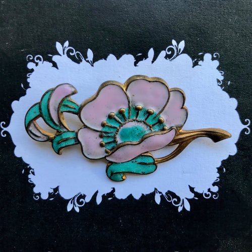 Enamel 1920's Floral Pin Brooch Pink Green Vintage Antique Boxed - OOAK - Phoenix Menswear