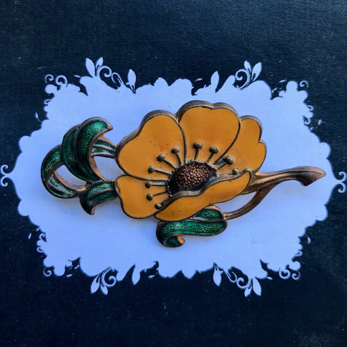 Enamel 1920's Floral Pin Brooch Yellow Green Vintage Antique Boxed - OOAK - Phoenix Menswear