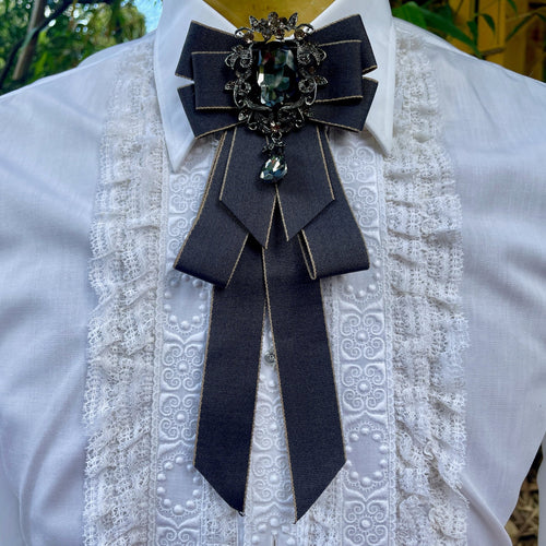 Fancy Neck Tie Black with Silver and Black Jewel - Phoenix Menswear