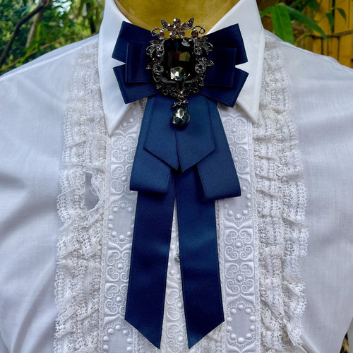 Fancy Neck Tie Navy Blue with Silver and Black Jewel - Phoenix Menswear