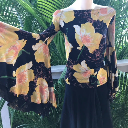 Free People Bell Sleeve Black with Golden Floral Top Sz S - OOAK - Phoenix Menswear