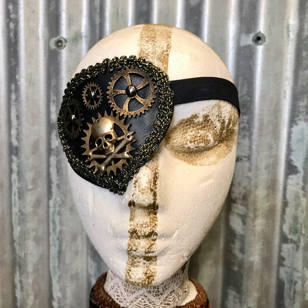 Gold Steampunk Pirate Eye Patch with Gear Detail - Phoenix Menswear