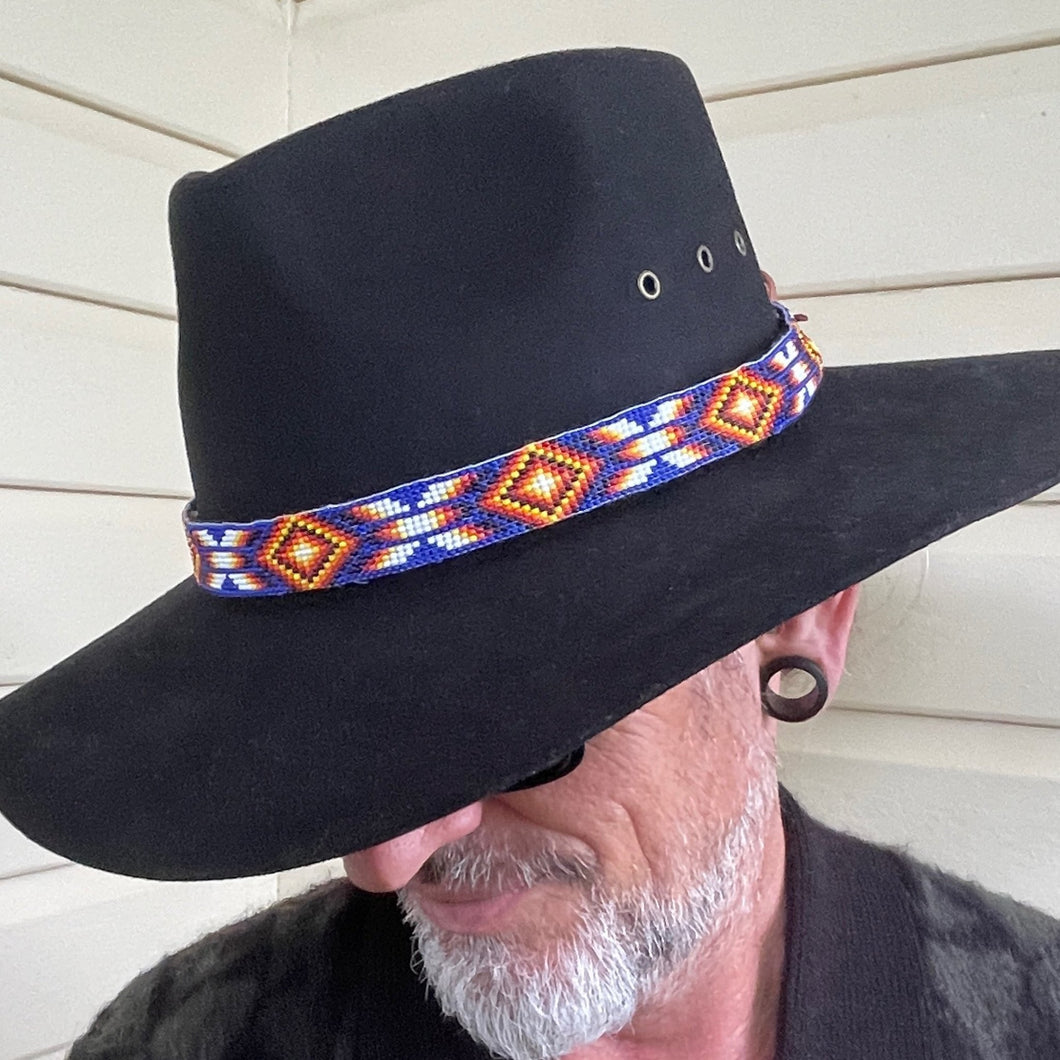 Handmade Beaded Aztec Hatband in Orange Blue White Geometric - Phoenix Menswear