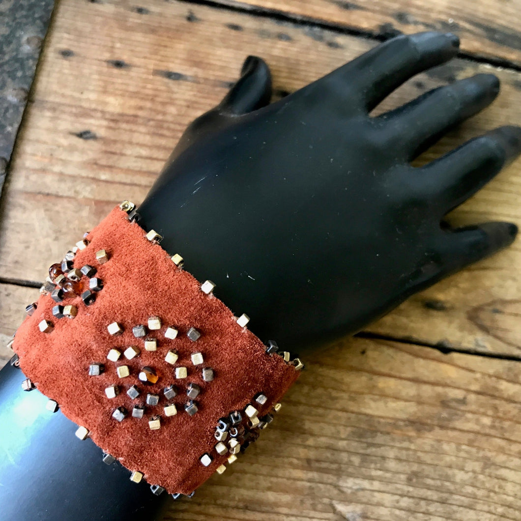 Handmade Beaded Suede Cuff Bracelet Rust Brown w/Gold Metal Beads - Boxed - OOAK - Phoenix Menswear