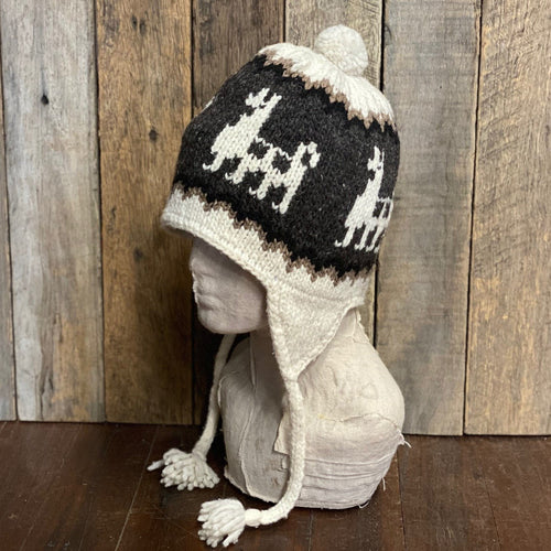 Handmade Beanie Cream and Brown with Alpaca Design in Wool Unisex Preloved - OOAK - Phoenix Menswear