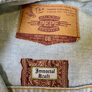 Handmade Immortal Kraft Patchwork Upcycled Vintage Denim Jacket Vintage Trim Sz L - OOAK - Phoenix Menswear