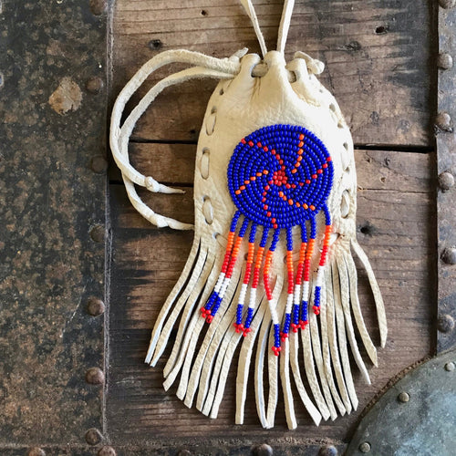 Handmade Leather Beaded Medicine Pouch Small Boho Hippie Tribal - OOAK - Phoenix Menswear
