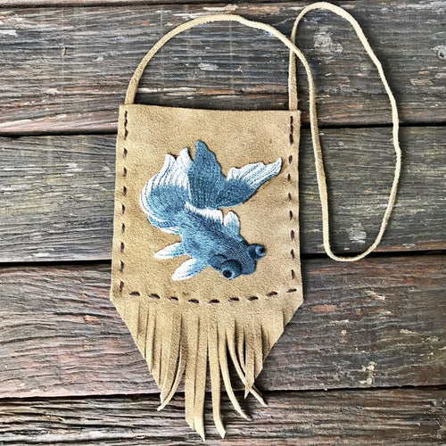 Handmade Suede Medicine Pouch Embroidered Fish Small Boho Hippie Tribal - OOAK - Phoenix Menswear