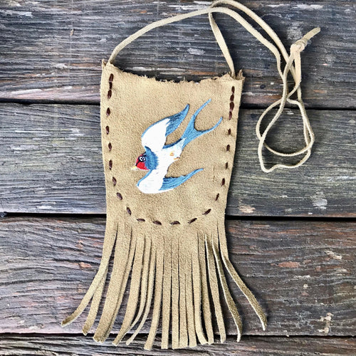 Handmade Suede Medicine Pouch Embroidered Swallow Small Boho Hippie Tribal - OOAK - Phoenix Menswear