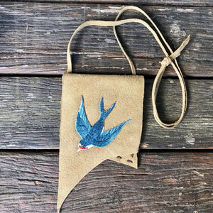 Handmade Suede Medicine Pouch Embroidered Swallow Small Boho Hippie Tribal - OOAK - Phoenix Menswear