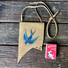 Load image into Gallery viewer, Handmade Suede Medicine Pouch Embroidered Swallow Small Boho Hippie Tribal - OOAK - Phoenix Menswear