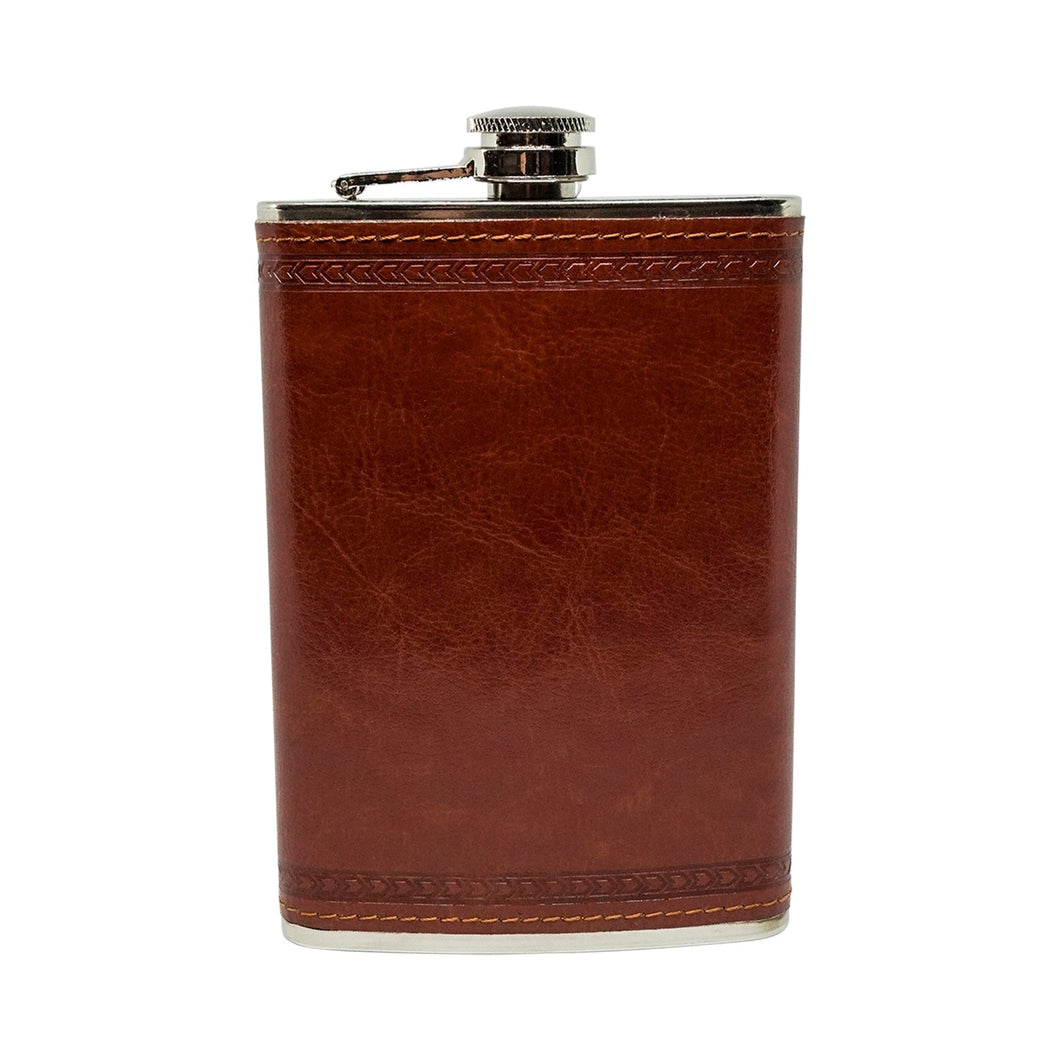 Hip Flask Brown Cover - Stainless Steel 9oz - Phoenix Menswear