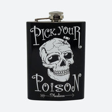 Load image into Gallery viewer, Hip Flask Skull &#39;Pick your Poison&#39; - Stainless Steel 8oz - Phoenix Menswear