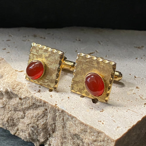 1980's Vintage Cufflinks Gold with Oval Red Stone - OOAK