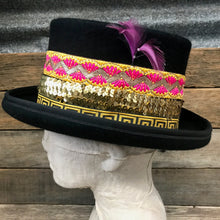 Load image into Gallery viewer, Immortal Kraft Black Wool Felt Top Hat - Pink Gold Trim Sz M - OOAK - Phoenix Menswear