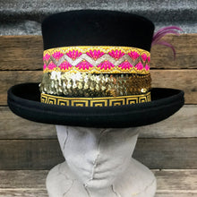 Load image into Gallery viewer, Immortal Kraft Black Wool Felt Top Hat - Pink Gold Trim Sz M - OOAK - Phoenix Menswear