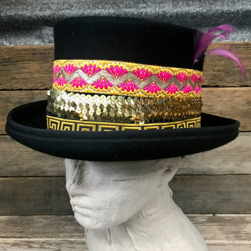 Immortal Kraft Black Wool Felt Top Hat - Pink Gold Trim Sz M - OOAK - Phoenix Menswear