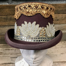 Load image into Gallery viewer, Immortal Kraft Brown Wool Felt Top Hat - Embroidered Cream Pearl Gold Mirror Trim Sz L - OOAK - Phoenix Menswear