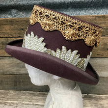 Load image into Gallery viewer, Immortal Kraft Brown Wool Felt Top Hat - Embroidered Cream Pearl Gold Mirror Trim Sz L - OOAK - Phoenix Menswear