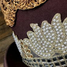Load image into Gallery viewer, Immortal Kraft Brown Wool Felt Top Hat - Embroidered Cream Pearl Gold Mirror Trim Sz L - OOAK - Phoenix Menswear